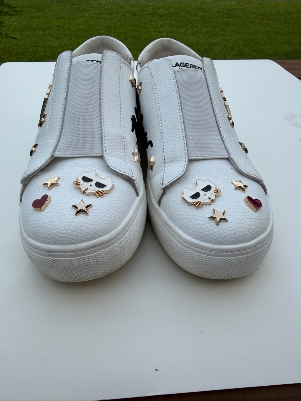 Karl Lagerfeld Paris Caitie White Slip-On Sneakers with Stud & Patch Accents - Picture 2 of 5